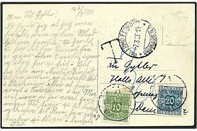 Postkort med aftaget mærke fra Italien d. 7.3.1928 til København. Kortet sat i porto og påsat 10 øre grøn og 20 øre blågrøn portomærke.