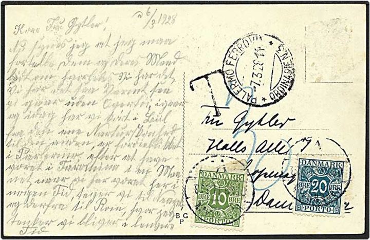 Postkort med aftaget mærke fra Italien d. 7.3.1928 til København. Kortet sat i porto og påsat 10 øre grøn og 20 øre blågrøn portomærke.
