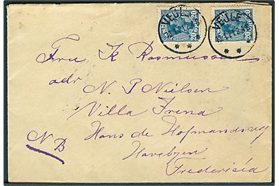 20 øre Chr. X (2) på anbefalet brev annulleret med brotype IIIb Vejle *** d. 10.1.1921 til Havebyen, Fredericia. Ikke påsat rec.-etiket.