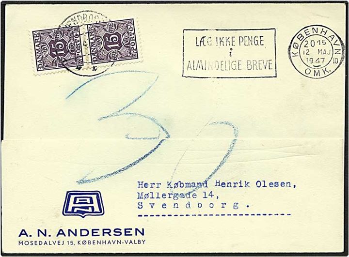 Ufrankeret kort fra København d. 12.5.1947 til Svendborg. Kortet sat i porto med 30 øre og påsat 15 øre violet portomærke.