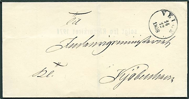 1858. Ufrankeret tjenestebrev med antiqua Veile d. 14.12.1858 til Kjøbenhavn.