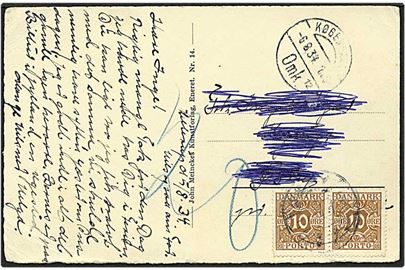 Ufrankeret postkort fra København d. 6.8.1934 til Svendborg. Kortet sat i porto med 20 øre og påsat 10 øre lysebrun portomærke.