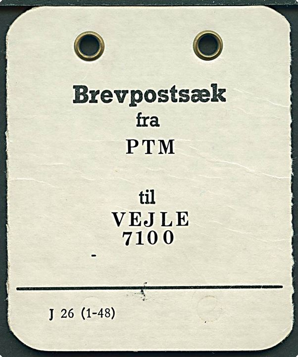 Brevpostsæk mærke formular J26 (1-48) fra PTM til00 Vejle.