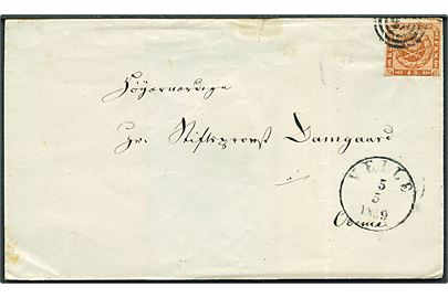 4 sk. 1858 udg. på brev annulleret med nr.stempel 76 og sidestemplet antiqua Veile d. 5.5.1859 til Odense.