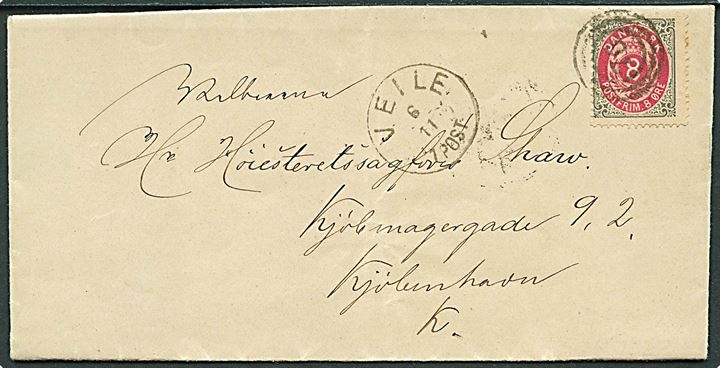 8 øre Tofarvet på brev annulleret med nr.stempel 76 og sidestemplet lapidar Veile d. 6.11.1879 til Kjøbenhavn.