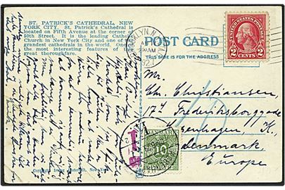 2 cent rød på postkort fra New York, USA, d. 17.1.1927 til København. Kortet sat i porto og påsat 10 øre grøn portomærke.