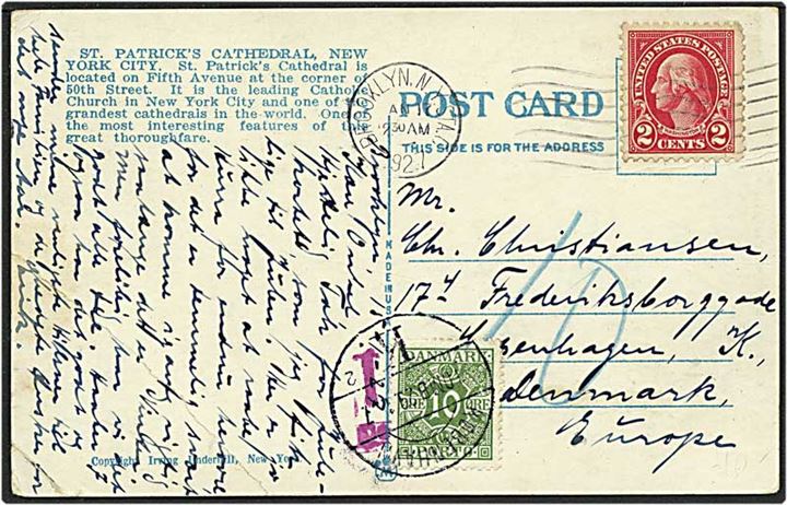 2 cent rød på postkort fra New York, USA, d. 17.1.1927 til København. Kortet sat i porto og påsat 10 øre grøn portomærke.