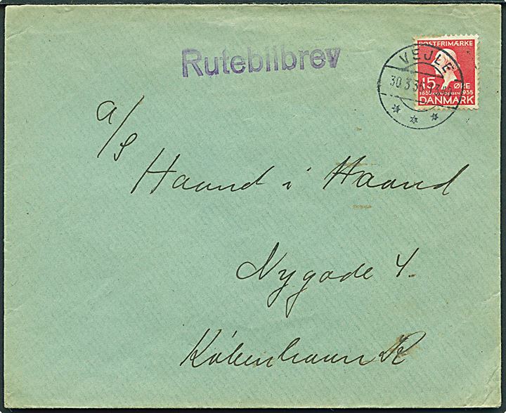 15 øre H.C.Andersen på brev stemplet Vejle d. 30.3.1936 og sidestemplet Rutebilbrev til København.