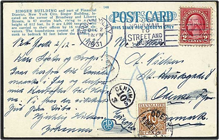 2 cent rød på postkort fra New York, USA, d. 2.12.1931 til Odense. Kortet sat i porto med 10 øre og påsat 10 øre brun portomærke.