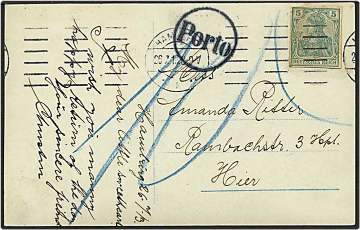 5 pfennig grøn helsagsklip på lokalt sendt postkort fra Hamburg, Tyskland d. 26.7.1903. Kortet sat i porto med 10 pfennig.