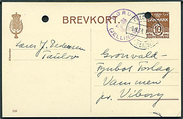 10 øre helsagsbrevkort (2 arkivhuller) annulleret med bureaustempel Fredericia - Vejle - Struer T.336 d. 9.11.1938 og sidestemplet med posthornstempel HØRUP (JELLINGE) til Vammen pr. Viborg.