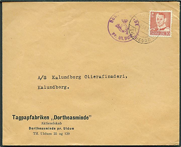 30 øre Fr. IX på brev annulleret med svagt bureaustempel Horsens - Thyregod T.72 d. 7.9.1954 og sidestemplet med posthornstempel DORTHEASMINDE pr. ULDUM til Kalundborg.