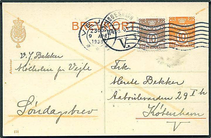 10 øre helsagsbrevkort (fabr. 121) opfrankeret med 10 øre Bølgelinie sendt som søndagsbrevkort fra Vejle d. 9.4.1938 til København.