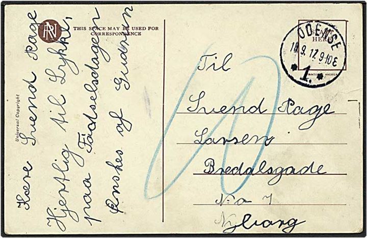 Ufrankeret postkort fra Odense d. 18.9.1917 til Nyborg. Kortet sat i porto med 10 øre.