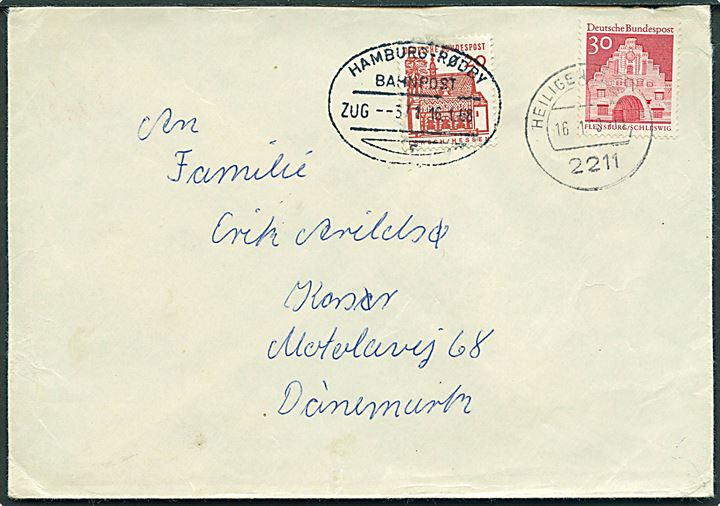 30 pfg. på brev fra Heiligenstedten d. 16.1.1968 til Korsør, Danmark. Postalt opfrankeret med 20 pfg. annulleret med ovalt bureaustempel Hamburg - Rødby Bahnpost Zug 371 d. 16.1.1968.