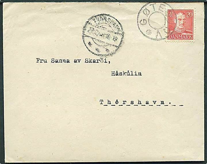 20 øre Chr. X på brev annulleret med udslebet stjernestempel GØTEGJOV og sidestemplet Thorshavn d. 2x.x.1946 til Thorshavn.