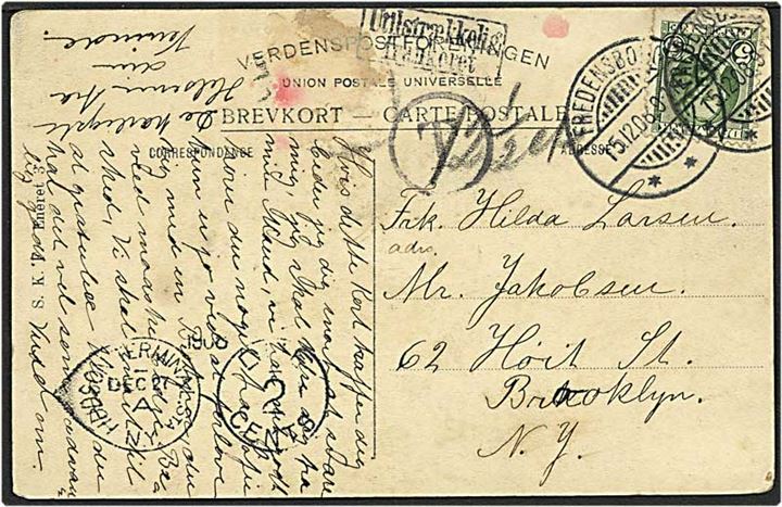 5 øre grøn Fr. VIII på postkort fra Fredensborg d. 15.12.1908 til New York, USA. Kortet sat i porto med 2 cent.