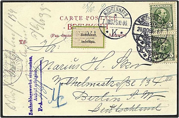 5 øre grøn Chr. IX på postkort fra København d. 24.10.1906 til Berlin, Tyskland. Mærkat med ukendt og returneret.