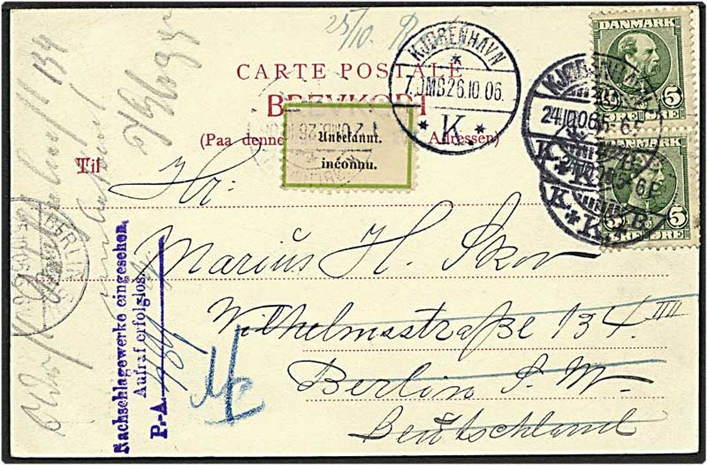 5 øre grøn Chr IX på postkort fra København 1906 til