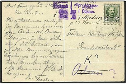 5 øre grøn Fr. VIII på postkort fra Strib d. 17.1.190x til Odense. Ubekendt efter adressen og omadresseret til København.