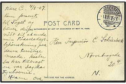 3 øre grå bølgelinie helsagsklip på lokalt sendt postkort fra København d. 1.8.1907.