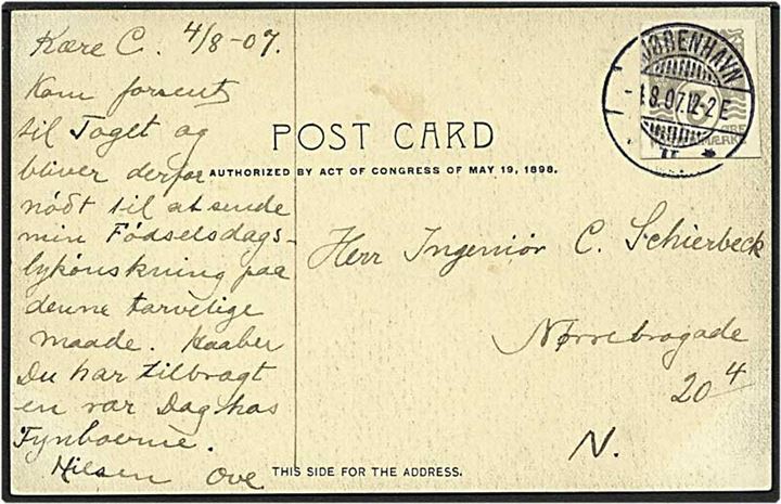 3 øre grå bølgelinie helsagsklip på lokalt sendt postkort fra København d. 1.8.1907.
