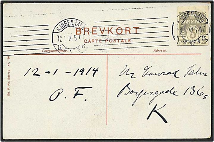 3 øre grå bølgelinie helsagsklip på lokalt sendt postkort fra København d. 12.1.1914.