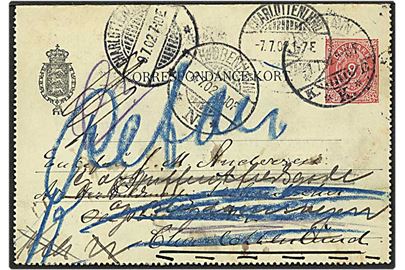 8 øre rød tofarvet korrespondancekort fra København d. 7.7.1902 til Charlottenlund. Helsager er returneret.