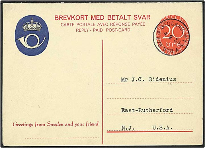 20 øre rød dobbeltbrevkort fra Stockholm, Sverige, d. 14.2.1938 til USA.