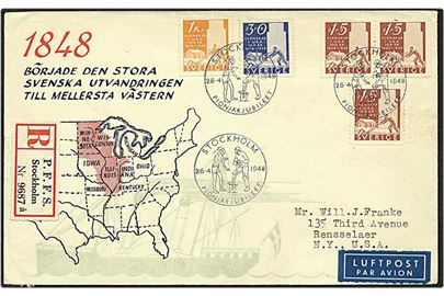15, 30 og 1 kr. svenskere i USA på Rec. luftpost brev fra Stockholm, Sverige, d. 26.4.1948 til New York, USA.