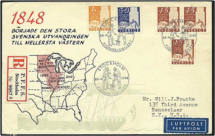 15, 30 og 1 kr. svenskere i USA på Rec. luftpost brev fra Stockholm, Sverige, d. 26.4.1948 til New York, USA.