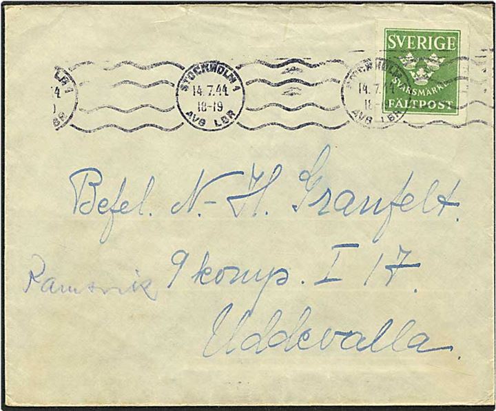 Grøn feltpostbrev fra Stockholm, Sverige, d. 14.7.1944 til Uddevalla.