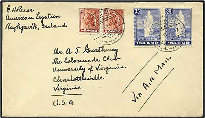 25 aur rødbrun torsk og 35 aur blå Geysir på luftpost brev fra Reykjavik, Island, d. 26.11.1947 til USA.
