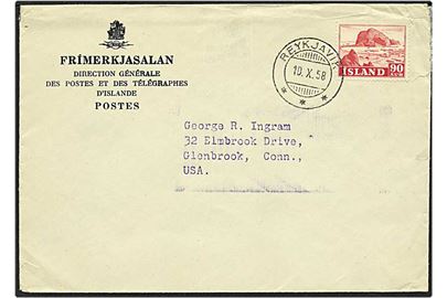 90 aur rød på brev fra Reykjavik, Island, d. 10.10.1958 til USA.