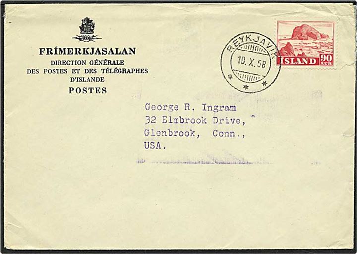 90 aur rød på brev fra Reykjavik, Island, d. 10.10.1958 til USA.