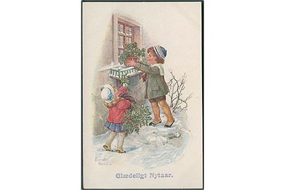 Flore Cownie: Glædeligt Nytaar. Børn sætter blomster i vinduet udenfor. E. A. S. no. 516/1, 