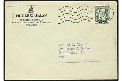 70 aur grøn islandske håndskrifter på brev fra Reykjavik, Island d. 1.7.1957 til USA.