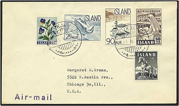 4,25 kr. porto på luftpost brev fra Reykjavik, Island, d. 13.2.1960 til USA.