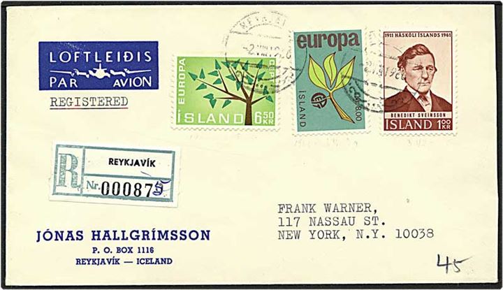 15,50 kr. porto på Rec. luftpost brev fra Reykjavik, Island, d. 2.8.1966 til USA.