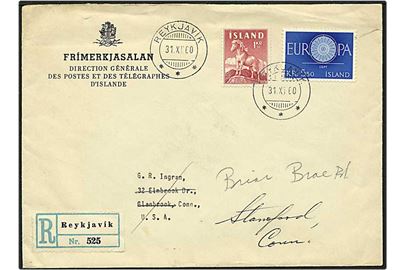6,50 kr. porto på Rec. brev fra Reykjavik, Island, d. 31.11.1960 til USA.
