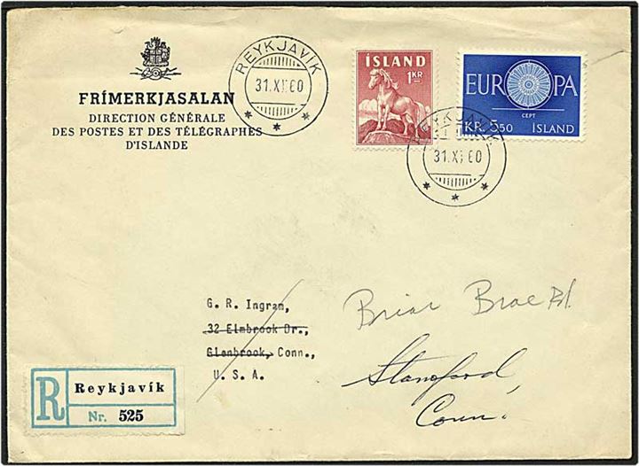 6,50 kr. porto på Rec. brev fra Reykjavik, Island, d. 31.11.1960 til USA.