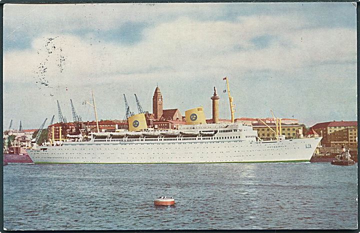 50 öre på brevkort (M/S Kungsholm) annulleret med skibsstempel Posted on board M/S Kungsholm SAL Göteborg - New York d. 2.9.1958 til Aalborg, Danmark.