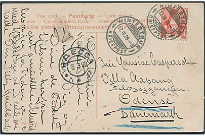 10 c. på brevkort fra Winterthur d. 12.3.1908 til Odense, Danmark - fejlsendt til Odessa, Rusland. 