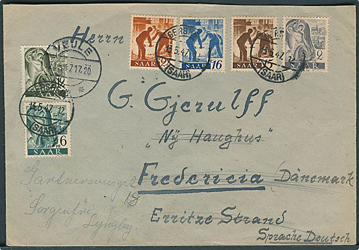 Saar. 75 pfg. blandingsfrankeret brev fra Gersheim (Saar) d. 13.5.1947 til Fredericia - eftersendt til Lyngby med transit stempel Vejle d. 21.5.1947.
