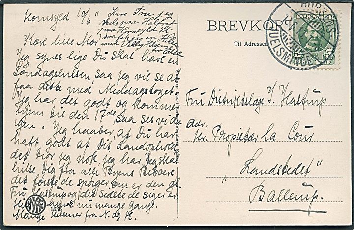 5 øre Fr. VIII på brevkort (Væhr. Præstegaarden og Kirken) fra Hornsyld annulleret med bureaustempel Horsens - Juelsminde T.3 d. 10.6.1911 til Ballerup.