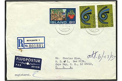 58 kr. porto på Rec. luftpost brev fra Reykjavik, Island, d. 19.6.1973 til USA.