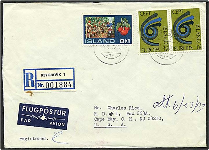 58 kr. porto på Rec. luftpost brev fra Reykjavik, Island, d. 19.6.1973 til USA.