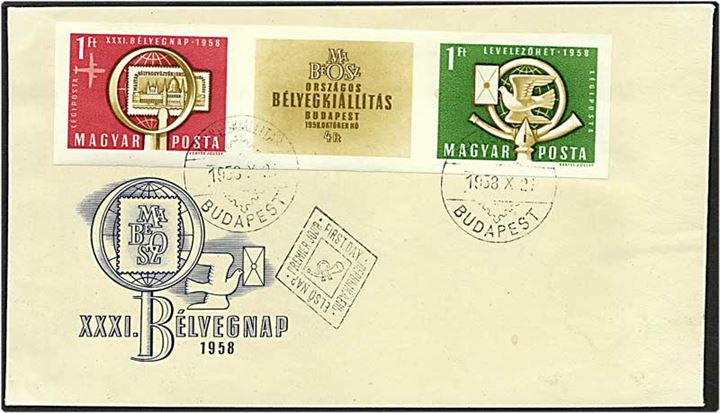 Udstillingsblok på brev fra Budapest, Ungarn, d. 21.10.1958.