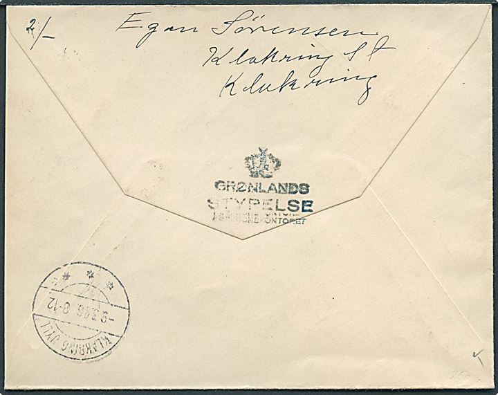 10 øre Chr. X 75 år (4) - ene med variant Streg i 7-tal - på anbefalet brev fra København 23 d. 8.3.1946 til Klakring Jyll. På bagsiden afs.stempel (krone) / Grønlands Styrelse / Revisionskontoret.