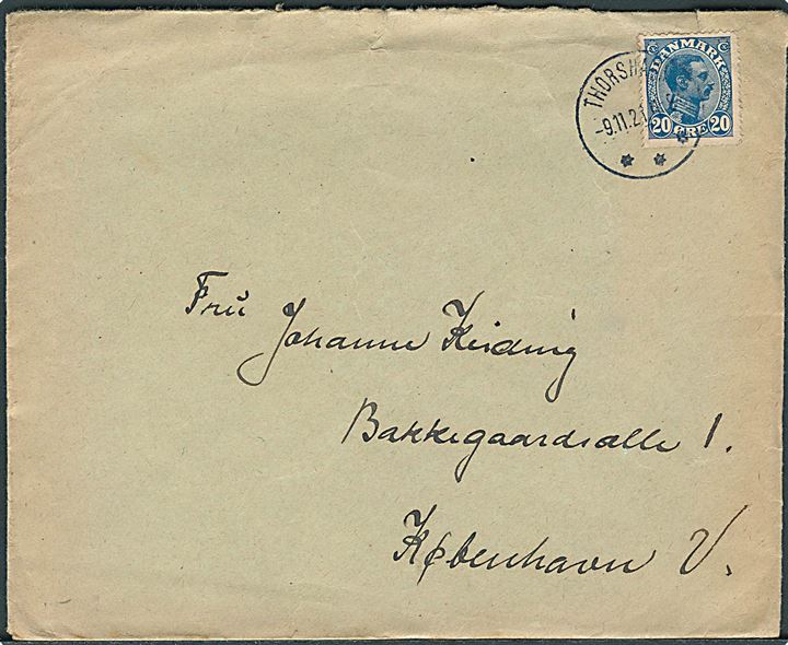 20 øre Chr. X på brev annulleret med brotype IIIb Thorshavn d. 9.11.1921 til København.